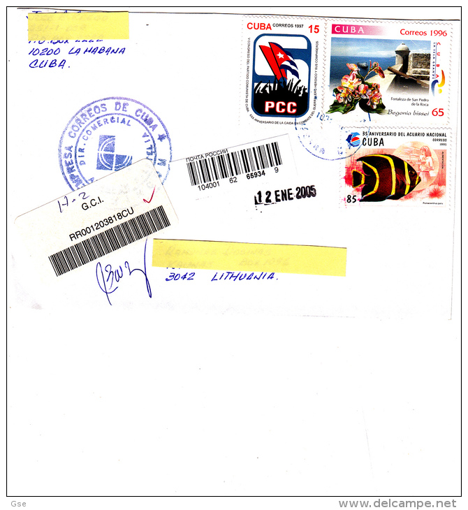 CUBA  2005 - Yvert 3435-3561-3664 -raccomandata Per La Lituania (pesci E Fiori) - Storia Postale