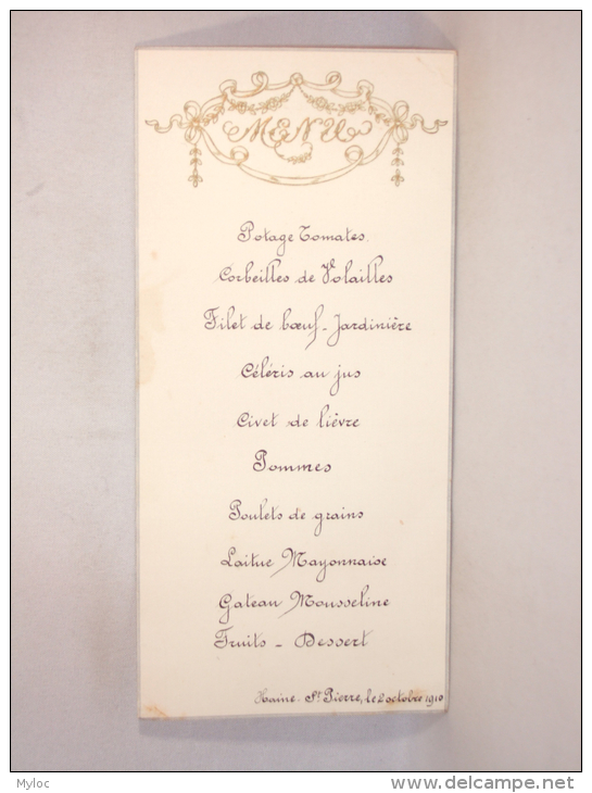 Menu écrit à La Main, Haine St.Pierre 2 Octobre 1910. - Menú