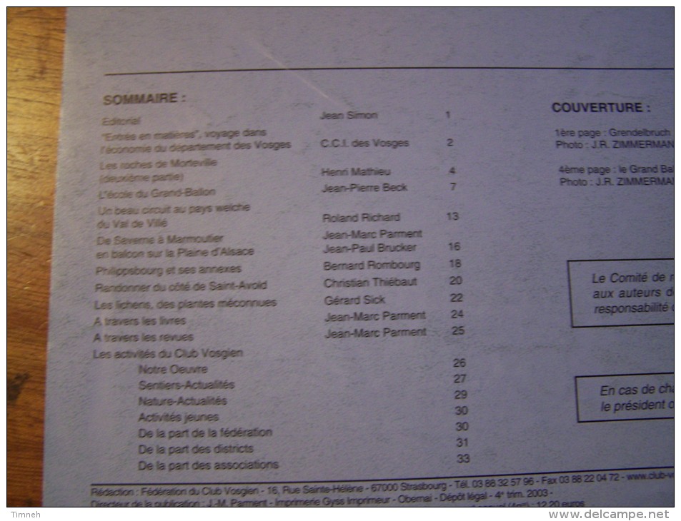 N°4 LES VOSGES Revue De Tourisme 82e Année CLUB VOSGIEN 2003 - Tourismus Und Gegenden