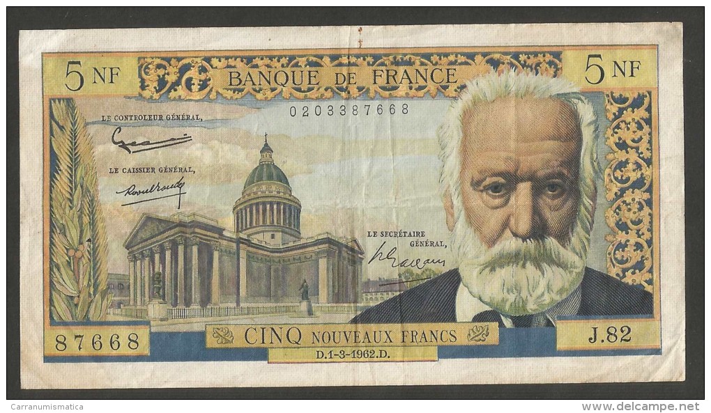 BANQUE De FRANCE - 5 NOUVEAUX FRANCS Victor HUGO - (D. 1 - 3 - 62) - 5 NF 1959-1965 ''Victor Hugo''