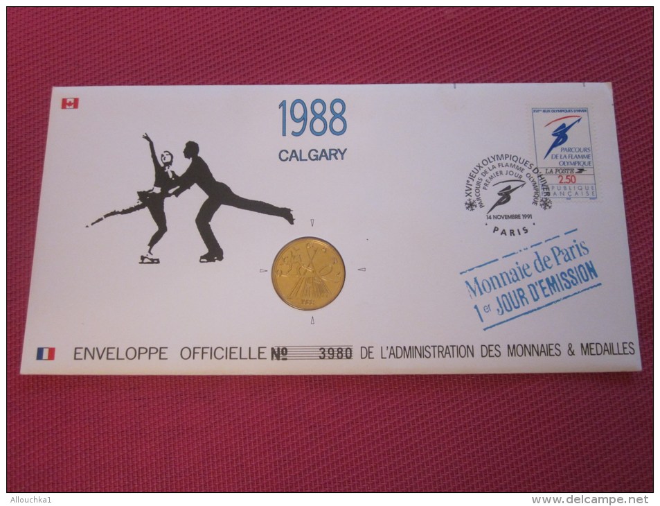 Monnaie De Paris + Enveloppe Officielle Administration Monnaies Médailles 1988 Calgary Jeux Olympiques Albertville - Autres & Non Classés