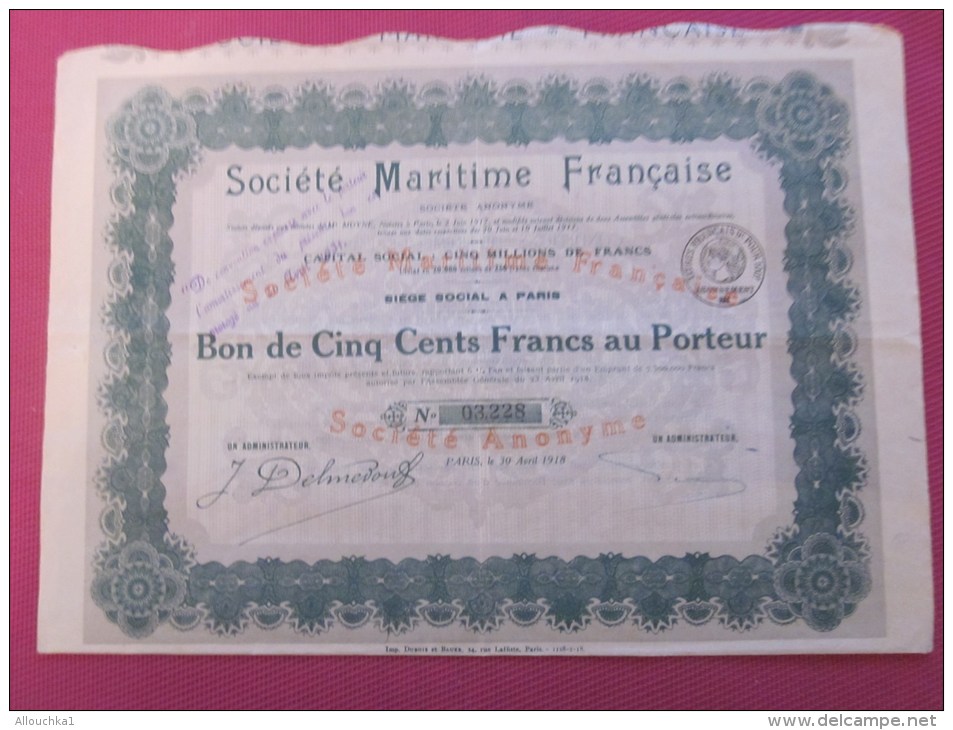 Société Maritime Française Action De 100 Fr. Au Porteur Paris 30 Avril 1918 S.A. Scripophilie - Navigation