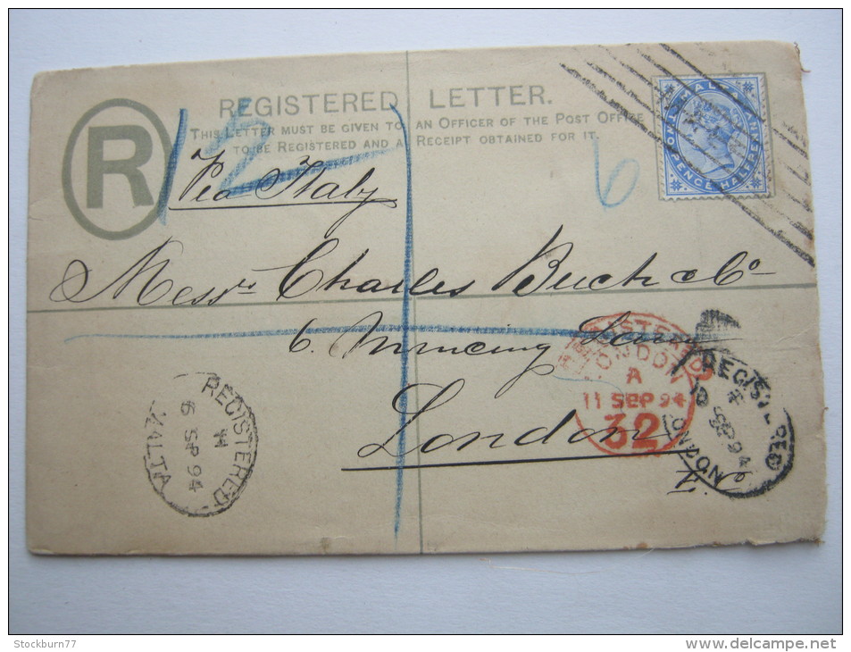 1894, Postal Stationary  As Registered Letter To London - Malta (...-1964)