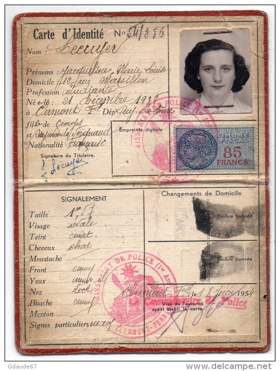 CARTE D´IDENTITE DELIVREE En 1954 à Une FEMME DOMICILIEE à CLERMONT FERRAND Avec TIMBRE FISCAL - Documents Historiques