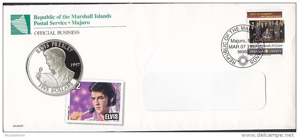 Marshall Islands Official Business MAJURO 1997 Cover Cuba Crisis John F. Kennedy Elvis Presley Stamp And Coin Cachet - Marshallinseln