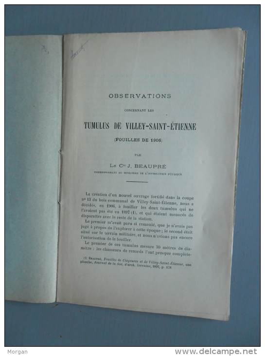 LORRAINE,  Comte J. BEAUPRE, 1906, VILLEY SAINT ETIENNE, OBSERVATIONS SUR LES TUMULUS - Lorraine - Vosges