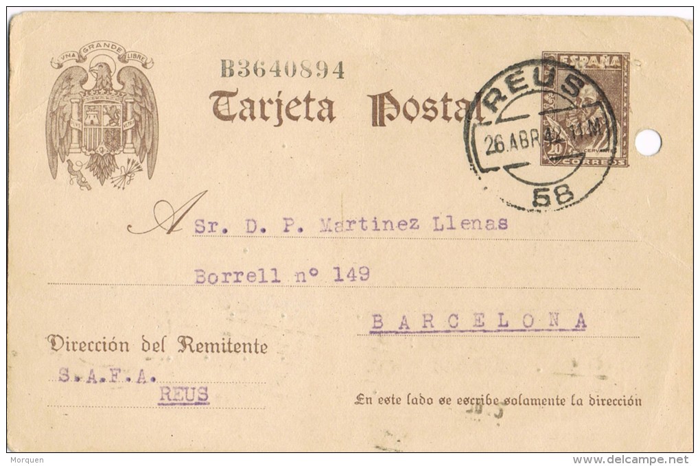 6062. Entero Postal REUS (tarragona) 1942,  Num 86 - 1931-....