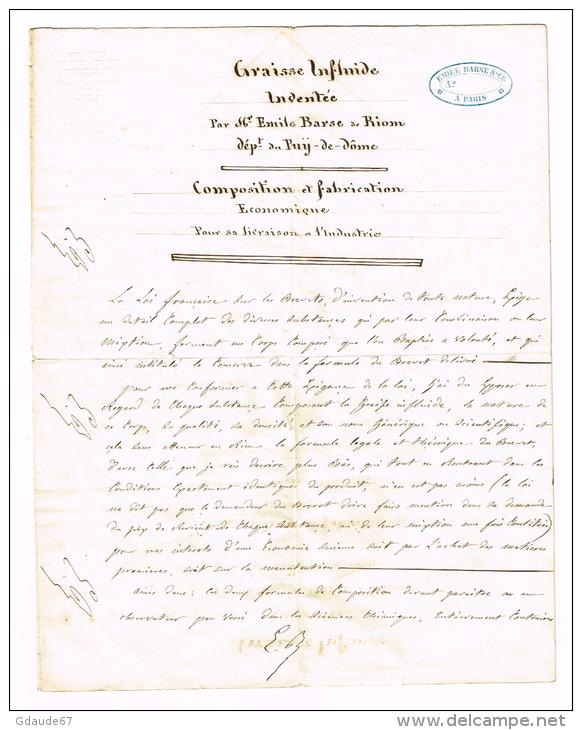 RARE - DEMANDE De BREVET Par Le CHIMISTE EMILE BARSE De RIOM (PUY DE DOME) Résidant à BATIGNOLLES MONCEAU - AUTOGRAPHE - Other & Unclassified