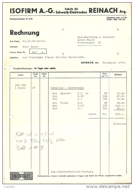 Rechnung  "Isofirm AG, Schweiss Elektroden, Reinach AG"            1946 - Suiza