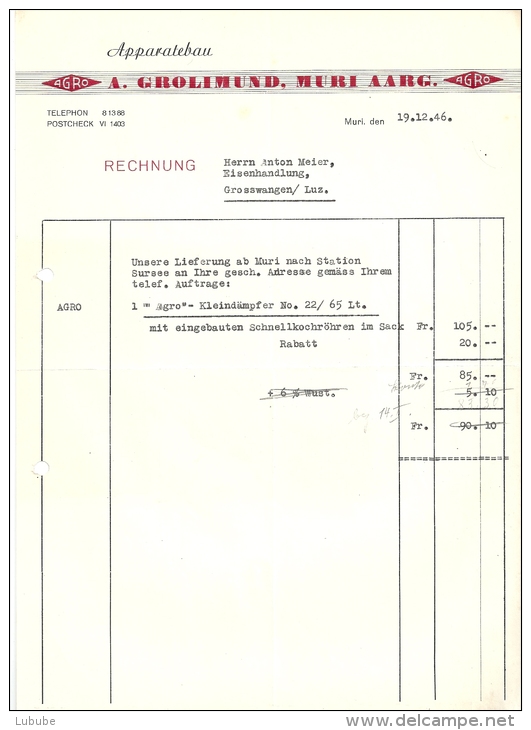 Rechnung  "Grolimund, Apparatenbau, Muri AG"            1946 - Suiza