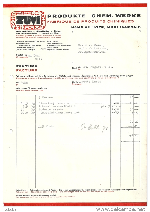 Rechnung  "ZUVI Villiger Chemische Produkte, Muri AG"            1943 - Suiza