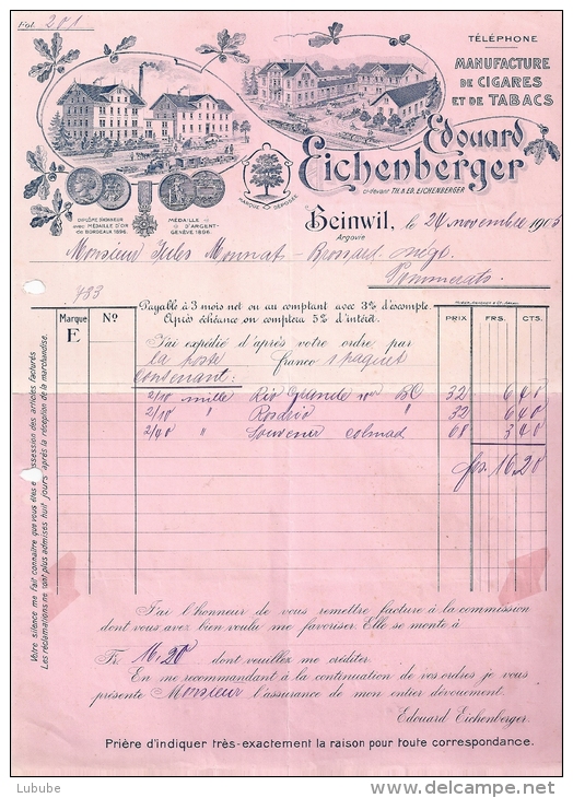 Rechnung  "Eichenberger, Cigarren Fabrik, Beinwil Am See"             1905 - Schweiz