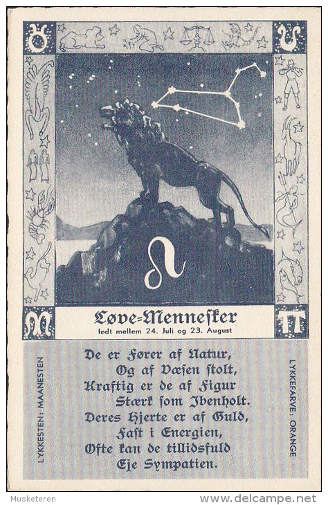 Denmark PPC Astronomiev Løve Lion Löwe Star Sign Løve-Mennesker Unused Card (2 Scans) - Astronomie