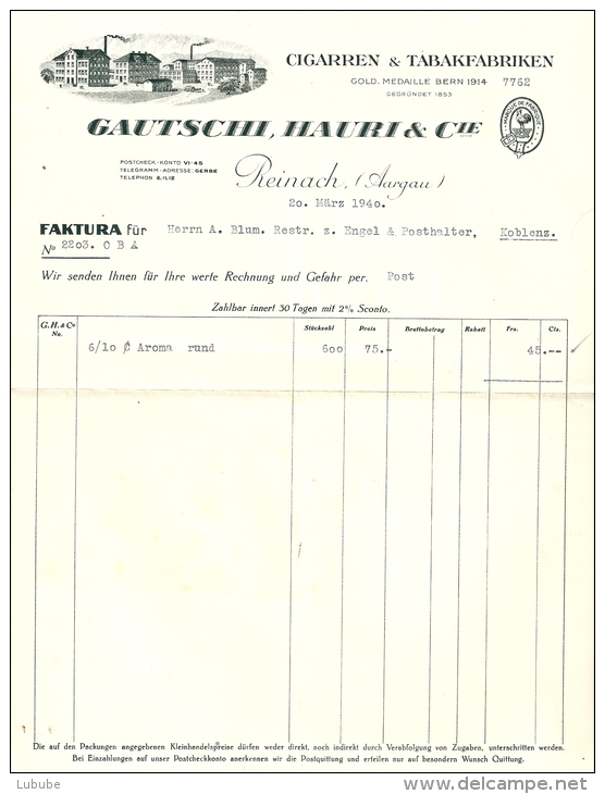Rechnung  "Gautschi Hauri, Cigarren Tabak Fabriken, Reinach AG"             1940 - Suisse