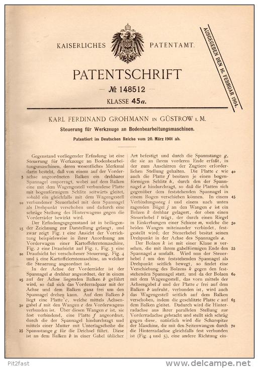 Original Patentschrift - K. Grohmann In Güstrow I. Meckl., 1901 , Steuerung Für Bodenbearbeitungsmaschinen , Agrar !!! - Guestrow