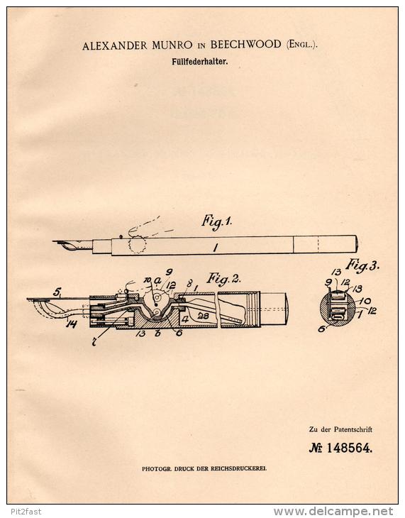 Original Patentschrift - A. Munro In Beechwood , 1902 , Fountain Pen , Füllfederhalter , Federhalter , Faber , Pelikan ! - Schreibgerät
