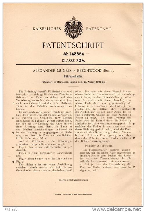 Original Patentschrift - A. Munro In Beechwood , 1902 , Fountain Pen , Füllfederhalter , Federhalter , Faber , Pelikan ! - Pens