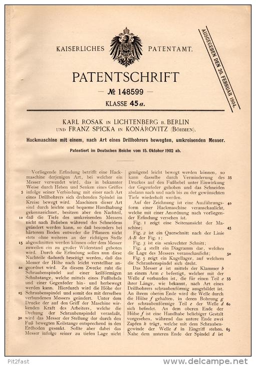 Original Patentschrift - K. Rosak Und F. Spicka In Konárovice I. Böhmen , 1902 , Hackmaschine , Agrar !!! - Machines