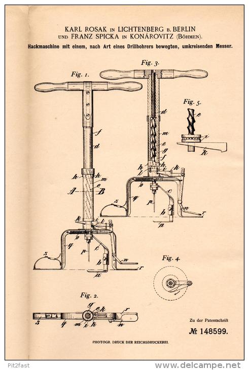 Original Patentschrift - K. Rosak Und F. Spicka In Konárovice I. Böhmen , 1902 , Hackmaschine , Agrar !!! - Maschinen