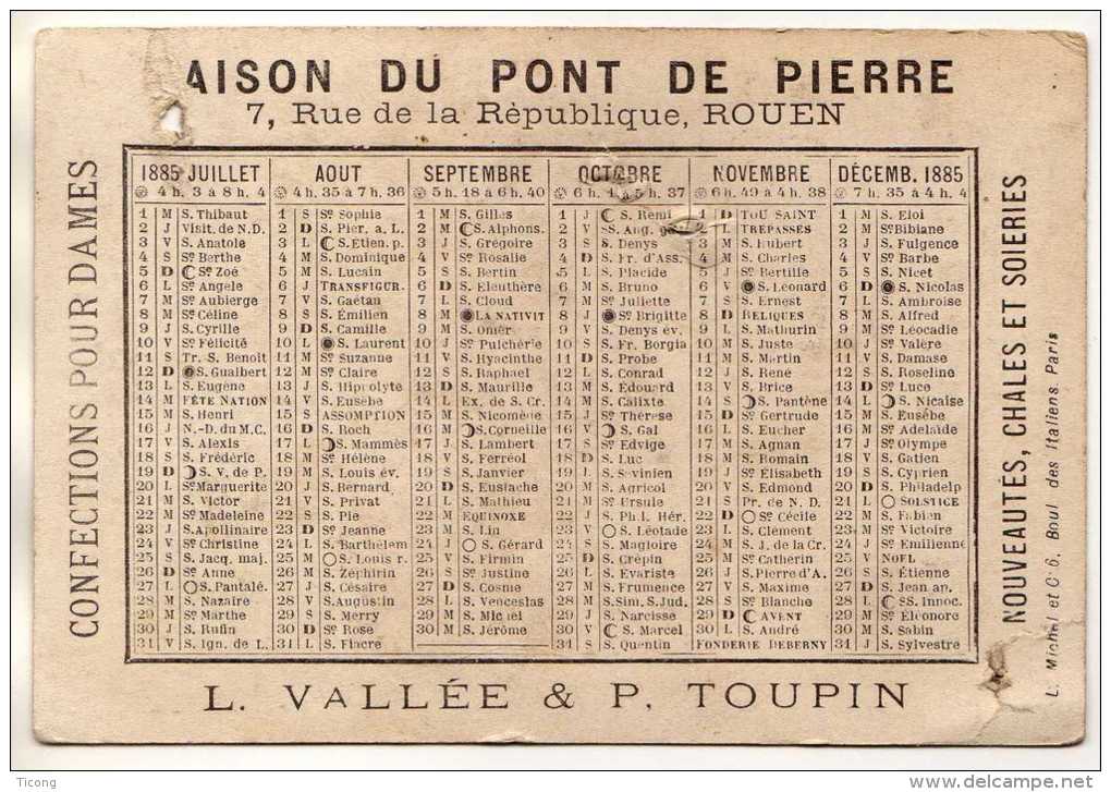 CALENDRIER 1885 MAISON DU PONT DE PIERRE ROUEN CONFECTIONS POUR DAMES - FILLETTES, ANCRE DE MARINE, VOILIER - A VOIR - Petit Format : ...-1900