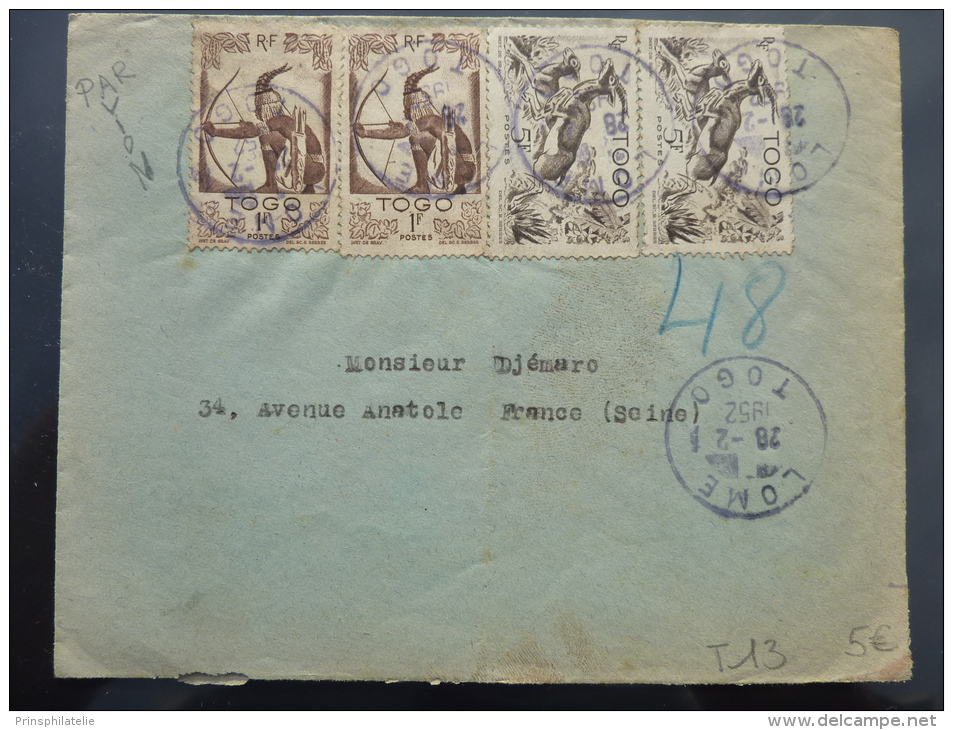 LETTRE DE LOME TOGO PAR AVION POUR LA FRANCE 1952 COVER AFRICA - Lettres & Documents