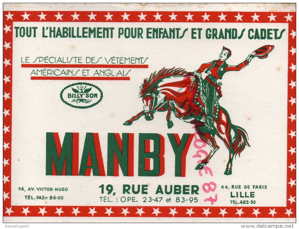 59 - LILLE - BUVARD " MANBY " RODEO- BILLY'SON- HABILLEMENTS POUR ENFANTS- 19 RUE AUBER- - Textile & Vestimentaire