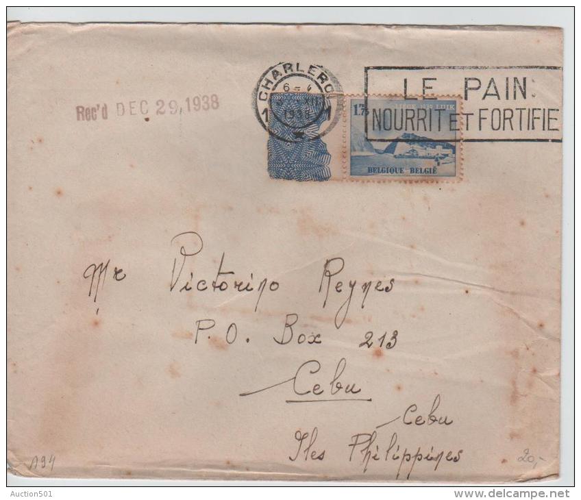 00286a TP 487 BDf Charleroi 1938 + Flamme Le Pain Nourrit Et Fortifie V. Cebu Philippines - Cartas & Documentos