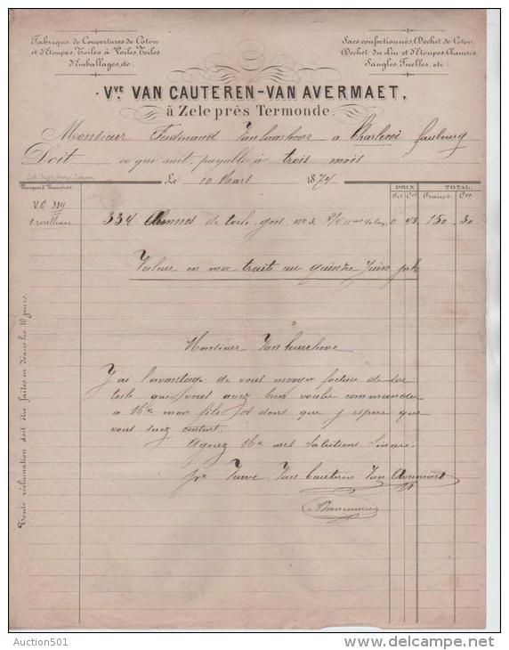 00296a Zele Près Termonde 1874 Facture Vve Ban Cauteren- Van Avermaet Fabrique De Couvertures De Coton - Autres & Non Classés