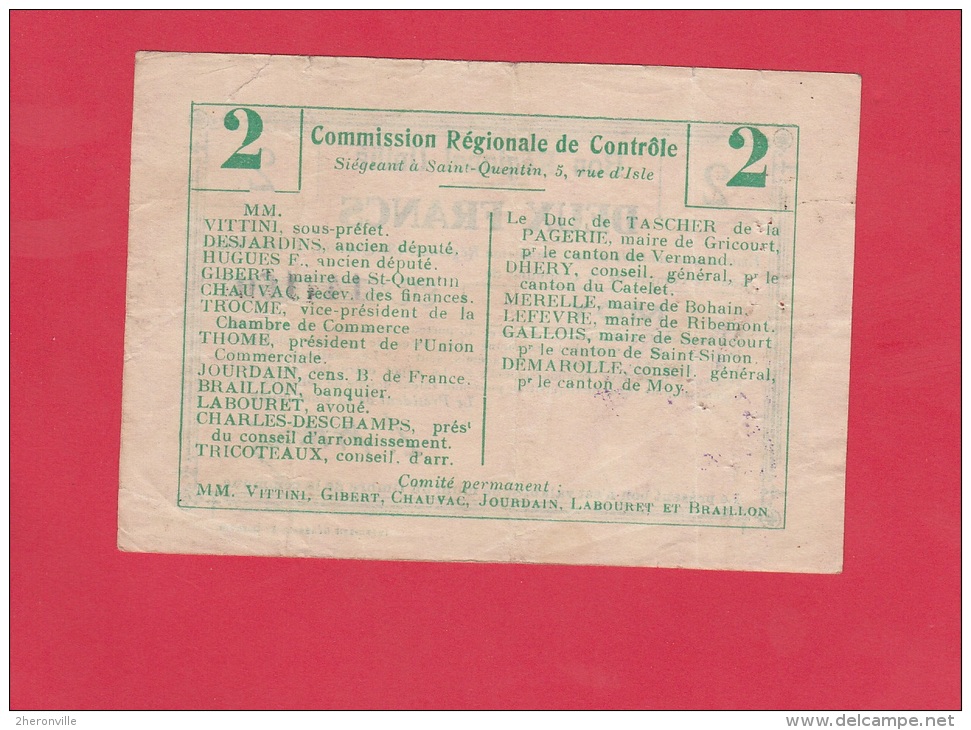 Billet Ancien - MOY ( Aisne ) - Bon Régional Unifié - 2 Francs - Cachet De Mairie - Noms De Notable Au Dos - Bonds & Basic Needs