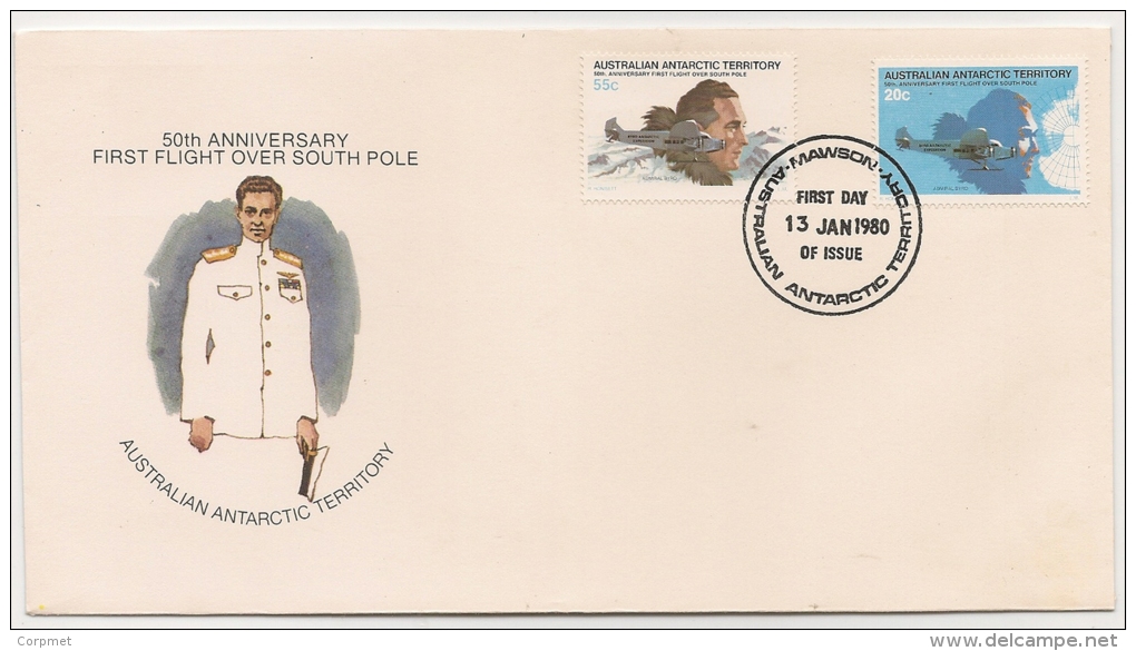 FIRST FLIGHT OVER SOUTH POLE - 50th ANNIVERSARY - AUSTRALIAN ANTARTIC TERRITORY - 1980 FDC From MAWSON - Polare Flüge