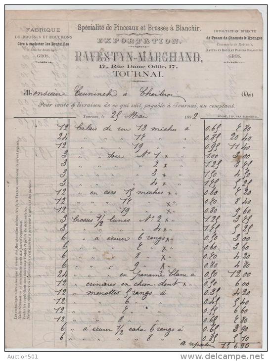 00385a Tournai 1882 Facture Ravestyn-Marchand Fabrique De Brosses & Bouchons Pour Négociant à Charleroi - Andere & Zonder Classificatie