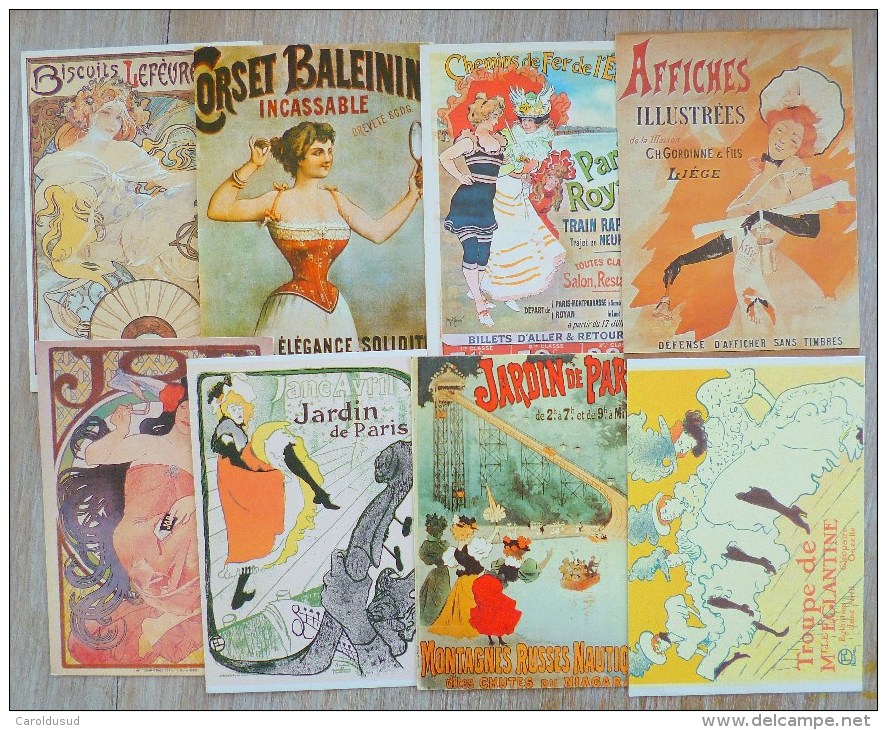 LOT 8X Reedition AFFICHE Art FEMME MUCHA MODE JARDIN PARIS FRENCH CANCAN CORSET CHEMINS FER  JOB BISCUITS MONTAGNE RUSSE - Collections & Lots