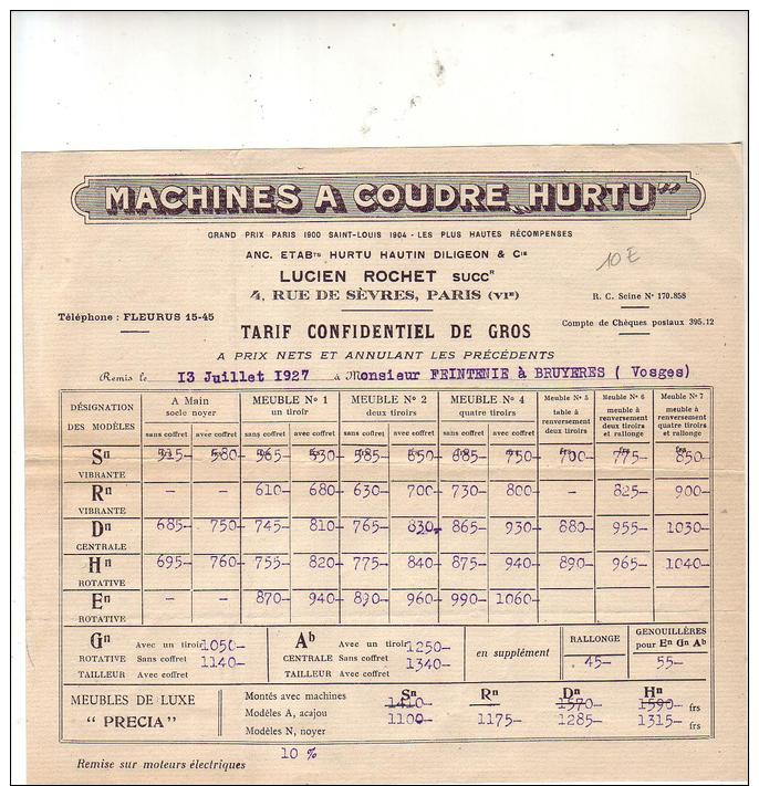 FEUILLE   -  MACHINE   A  COUDRE   "  HURTU  "   TARIF  CONFIDENTIEL  DE  GROS - Non Classés