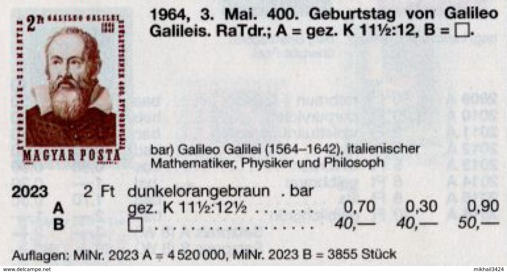 H0585 ✅ Science Mathematik Physik Space Astronomy Galilei 1964 Hungary 1v Set MNH ** Imperf Imp ** 40ME - Europe