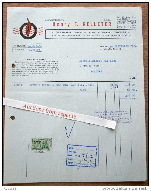 Fournitures Plombiers, Ets Henry F. Kelleter, Rue Natalis (Longdoz) Liége 1956 - 1950 - ...