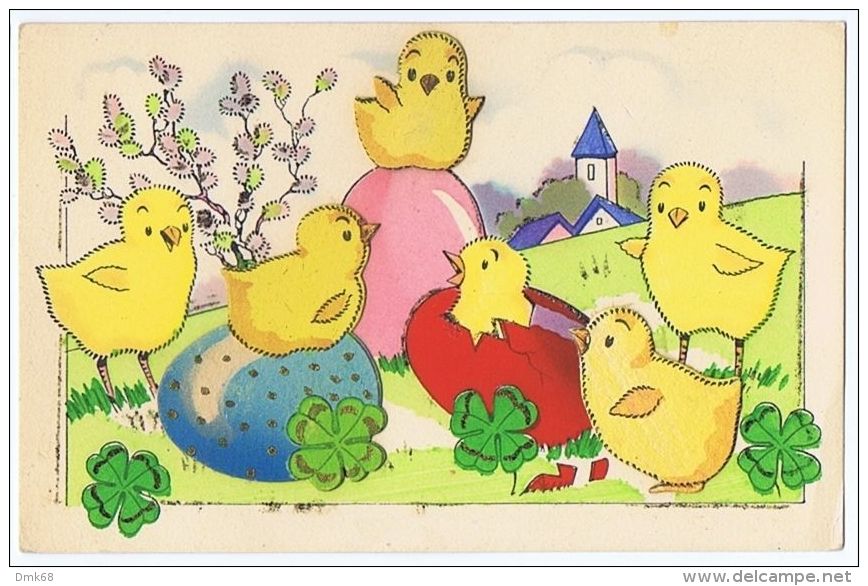 1930s EMBOSSED  POSTCARD - COLORED EGGS AND CHICKS AND CLOVERS - ...-1850 Prefilatelia