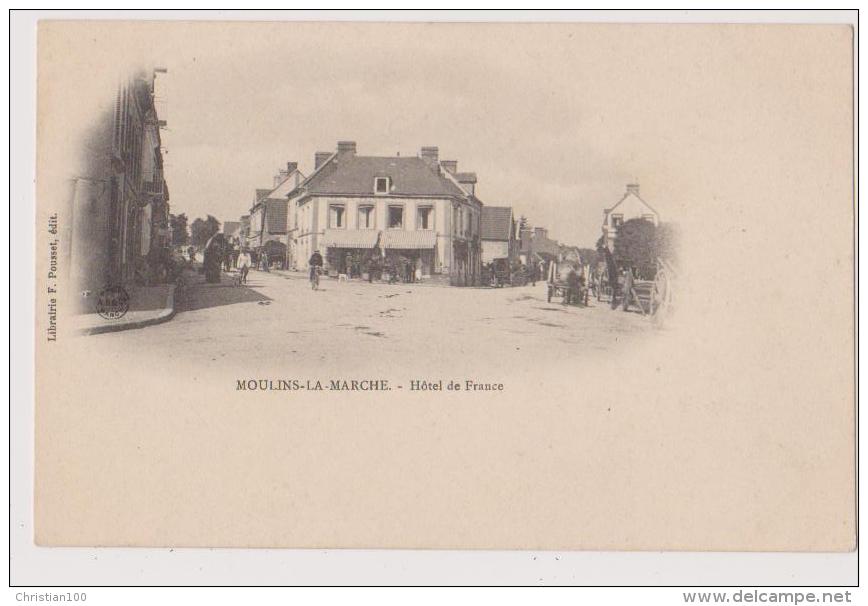 MOULINS LA MARCHE : HOTEL DE FRANCE -  ATTELAGES - CPA DOS SIMPLE - 2 SCANS - - Moulins La Marche