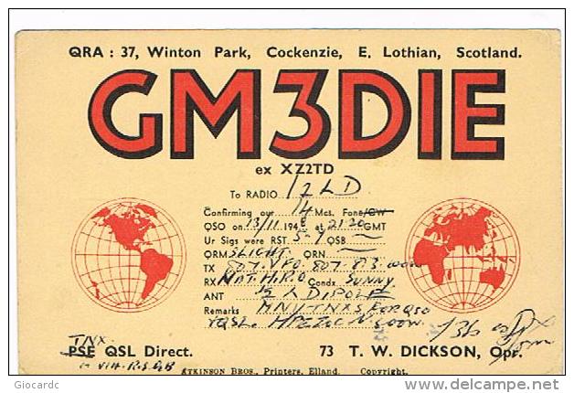 QSL CARD - GRAN BRETAGNA (UNITED KINGDOM)  - 1948 COCKENZIE, SCOTLAND (GLOBE) - RIF. 71 - Radio Amateur