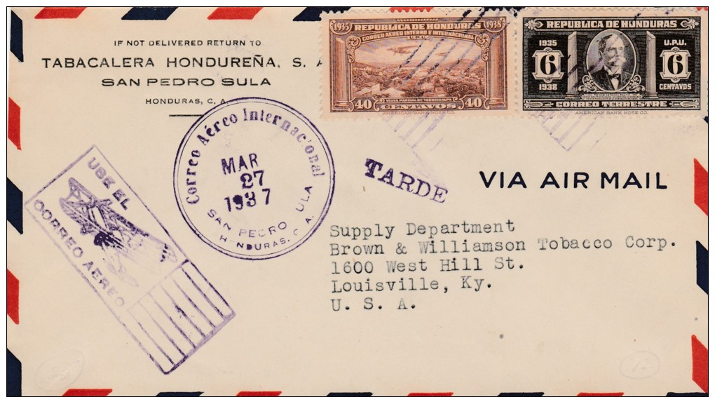 AIR MAIL COVER, 3/27/1937 - Honduras