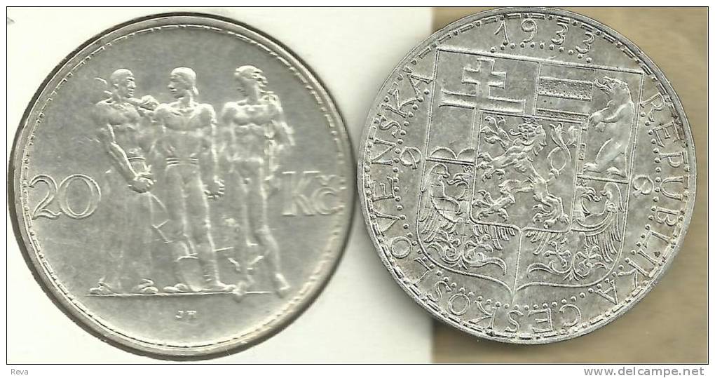 CZECHOSLOVAKIA 20 KORUN 3 MEN FRONT SHIELD BACK 1933 AG SILVER AUNC KM17 READ DESCRIPTION CAREFULLY !!! - Tchécoslovaquie