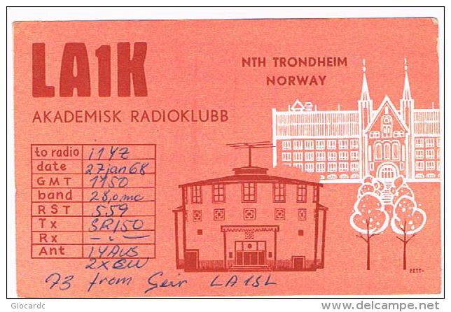 QSL CARD - NORVEGIA (NORWAY) - 1968 TRONDHEIM, AKADEMISK RADIOKLUBB -  RIF. 100 - Radio Amateur