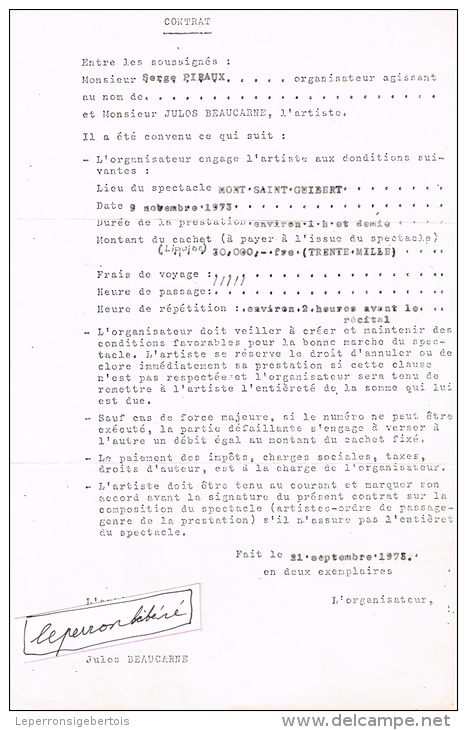 Mont-Saint-Guibert Contrat De Julos Beaucarne Pour Le Spectacle Du 9 Novembre 1973 - 1950 - ...