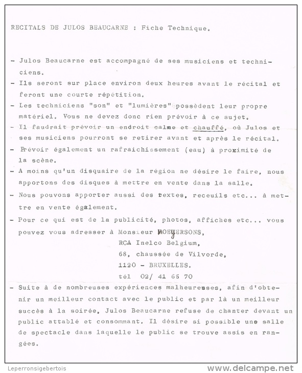 Mont-Saint-Guibert Contrat De Julos Beaucarne Pour Le Spectacle Du 9 Novembre 1973 - 1950 - ...