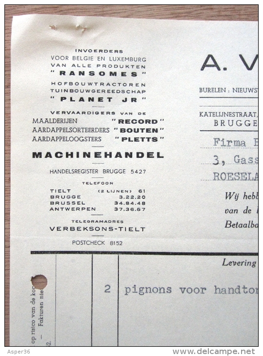 Machinehandel, A. Verbeke & Zonen, Nieuwstraat, Tielt 1957 - 1950 - ...