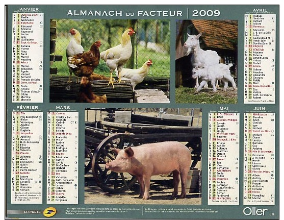 Almanach Des PTT 2009 Double Calendrier Oller âne Coq Chèvre Cochon Mouton Vache - Tamaño Grande : 2001-...