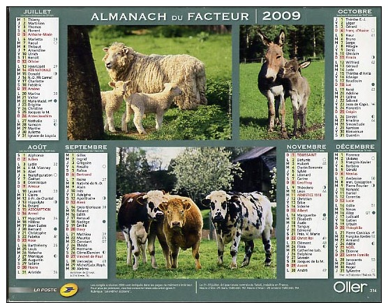 Almanach Des PTT 2009 Double Calendrier Oller âne Coq Chèvre Cochon Mouton Vache - Formato Grande : 2001-...