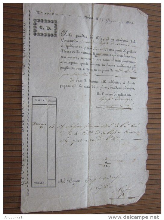 RARE 1828 Lettera Di Vettura + Fiscale G.D. Negoziante In Torino Italie Italia G. Bresso - Brés  Nizza Nice France - Italia