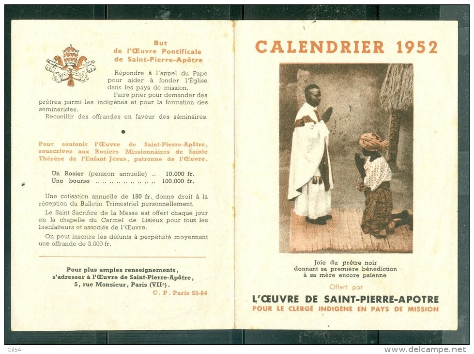 Calendrier Petit Format , 1952 - L'oeuvre De Saint Pierre Apotre   Chron30 - Tamaño Pequeño : 1941-60