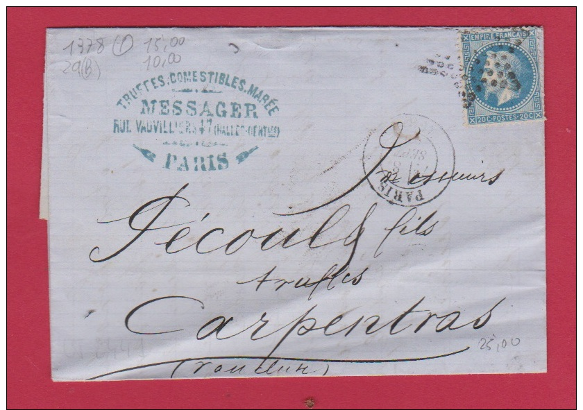 FACTURE DE PARIS // POUR CARPENTRAS  //   9 SEPT 1869  //  ETAB MESSAGERS - 1849-1876: Classic Period