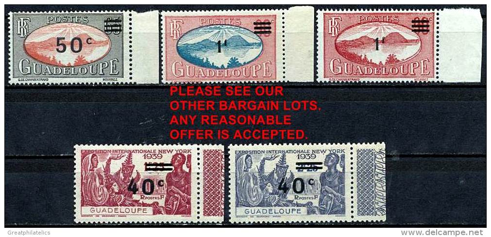 GUADELOUPE 1943 OVERPRINTS  SC# 159-163  SCARCE SET MNH WITH NORMAL GUM CV$13.00 - Other & Unclassified